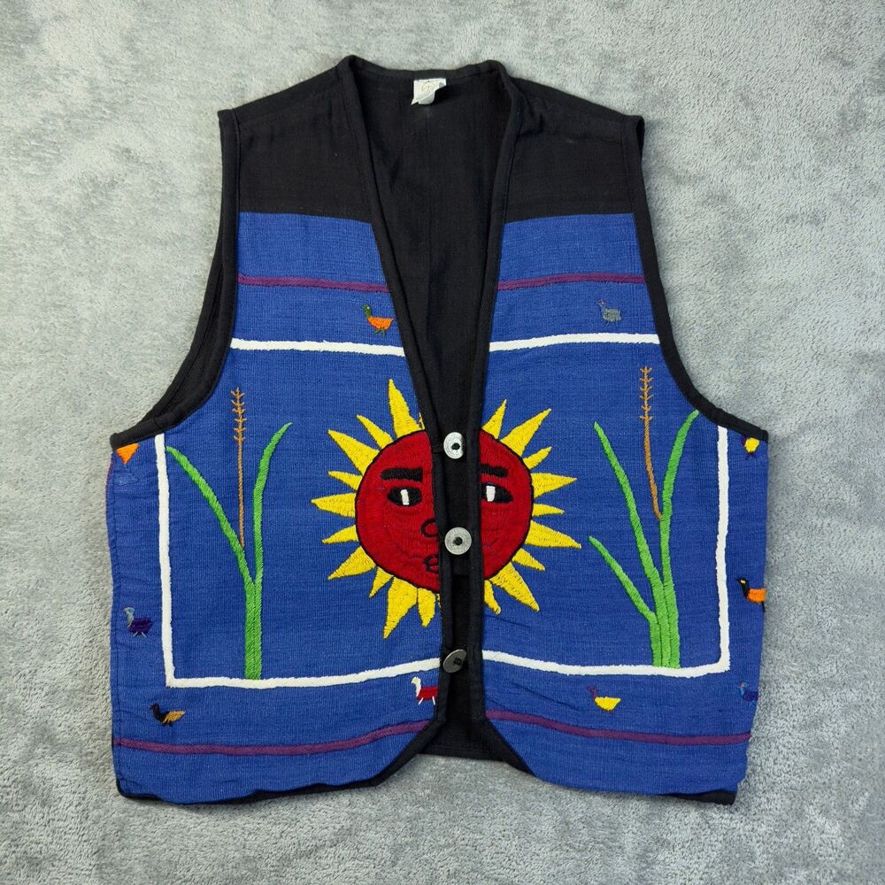 Rising Tide Vest Womens Small Blue Embroidered Festival Bohemian Folk Cotton